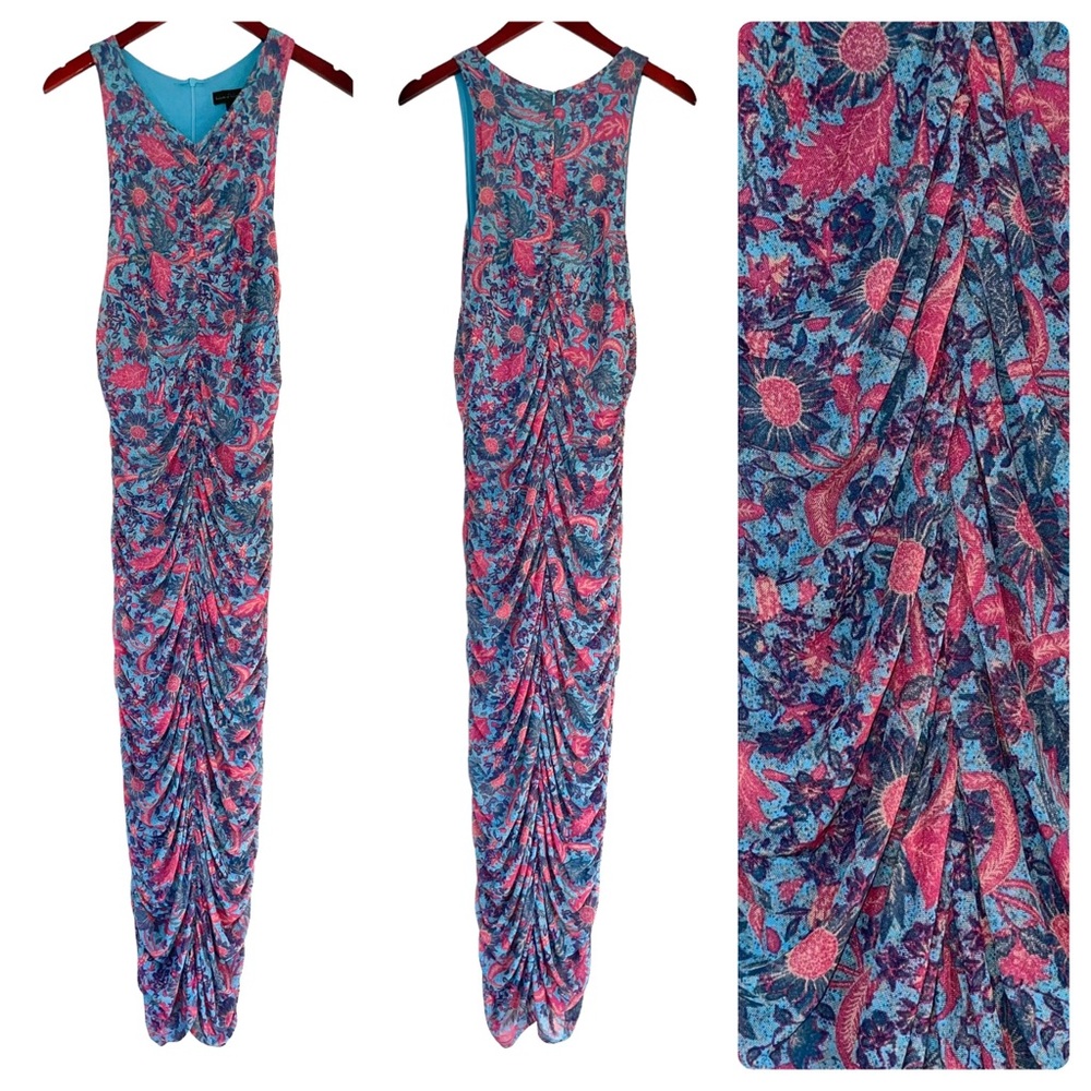 Sleeveless Floral Ruched Maxi Dress in Pink and Blue